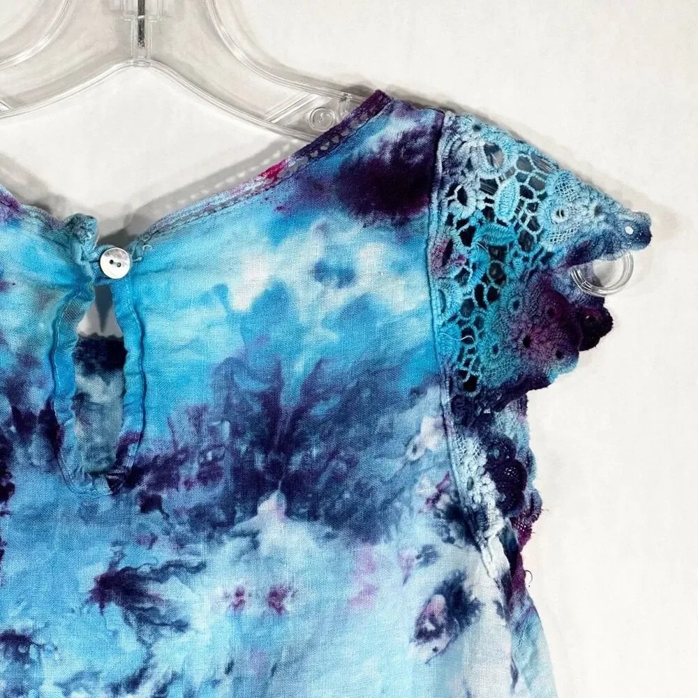Viola Borghi Medium Top Victory Dance Tie Dye Handmade Blue Linen Lace 1611‎